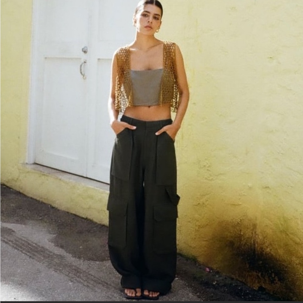NWT Zara Green LINEN BLEND CARGO TROUSERS